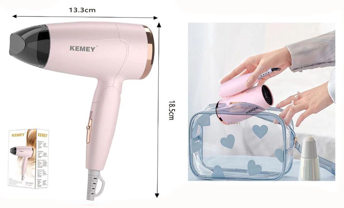 KEMEI Mini Haardroger 1000W Opvouwbaar Roze - afbeelding 2