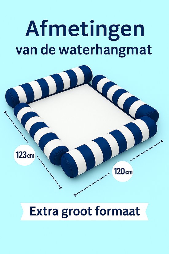 Donkerblauw-wit gestreepte waterhangmat met afmetingen 123cm bij 120cm.
