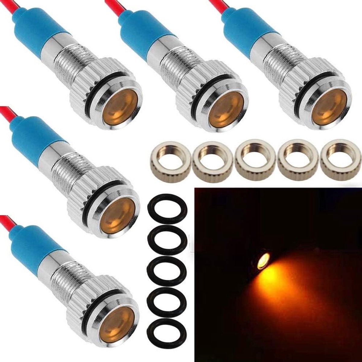 Allecto Plus - 5-delige LED Metalen Indicator Licht Set 12V Waterdicht Geel - Auto Boot Truck Lampen Signalen Directioneel