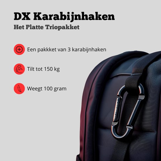 Zwarte karabijnhaak aan een donkerblauwe rugzak. Tekst: 3 karabijnhaken, 150kg, 100g.
