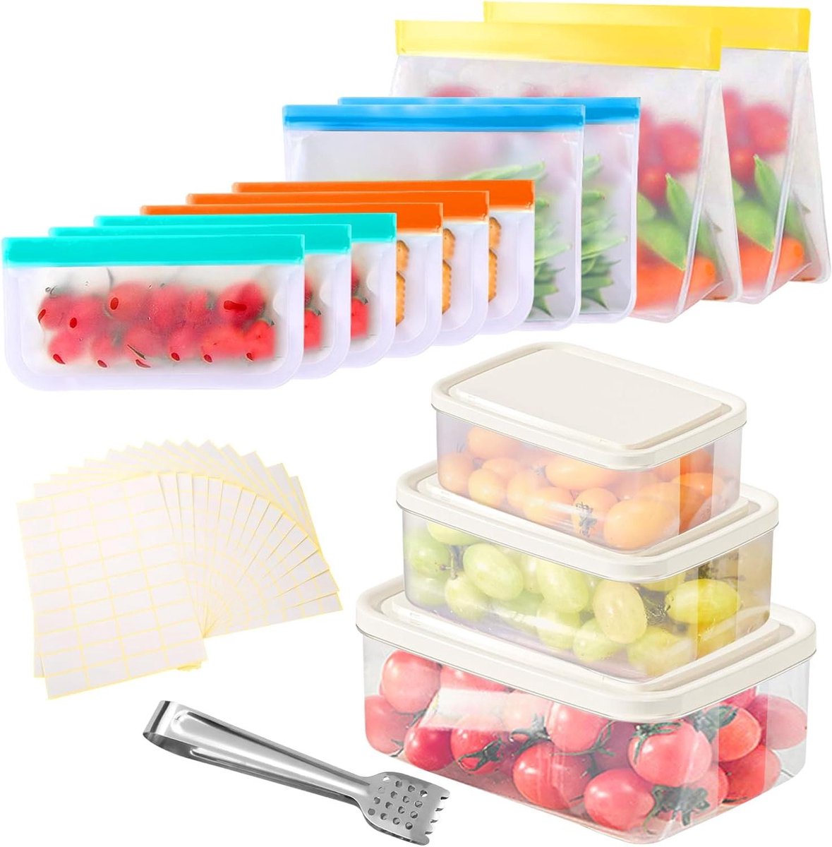 Allecto Plus - Herbruikbare Silicone Vriezertassen in Set van 10 met Voetstuk Ontwerp + Voedselopbergdozen (3 Stuks) en Multifunctionele Tangen + Zelfklevende Labels voor Keukenorganisatie.