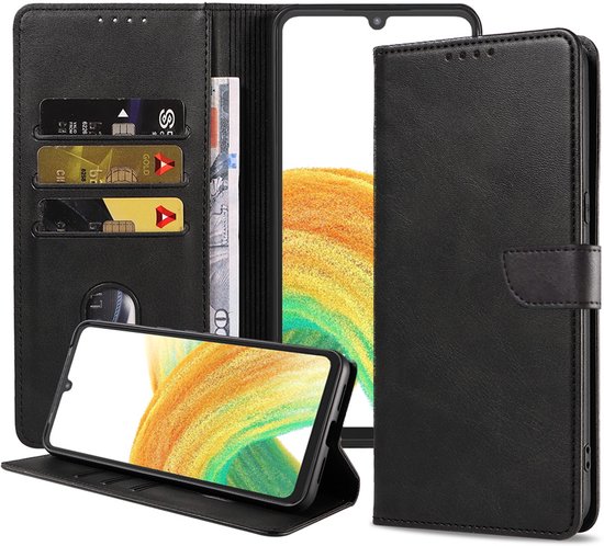 Zwart kunstleren telefoonhoesje met pasjeshouder, staande functie en magnetisch lipje.