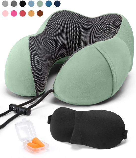 SKYCASES Travel Essentials - Nekkussen Set 3-delig - Ergonomisch Memory Foam Reiskussen met Oogmasker en Oordoppen - Ideaal voor Vliegtuig, Auto en Trein - Compact en Luxe - Groen