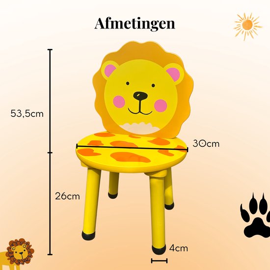 Gele kinderstoel met leeuwenkop en oranje stippen. Afmetingen 53,5cm hoog, 30cm breed, 26cm zithoogte, 4cm pootdikte.