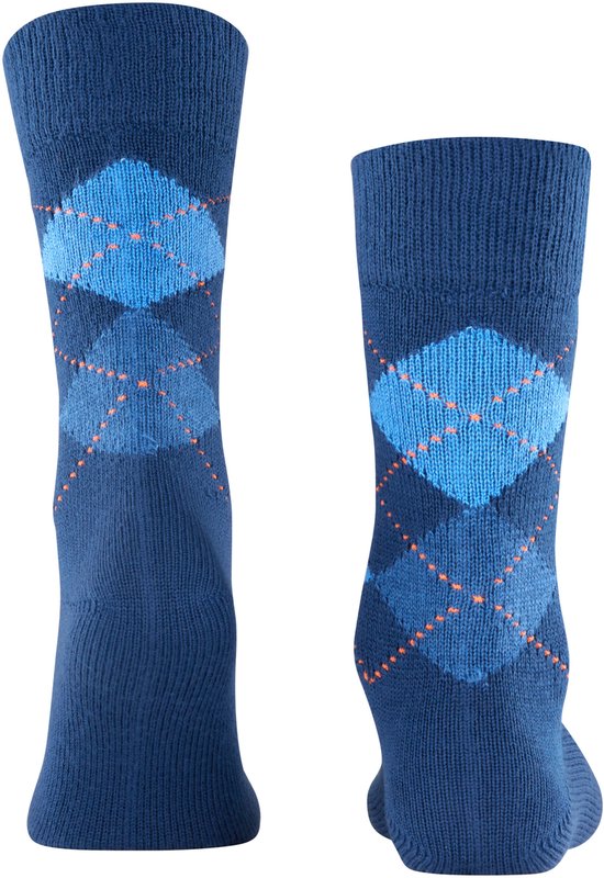 Blauwe Burlington sokken met ruitpatroon in lichtblauw en oranje stiksels.