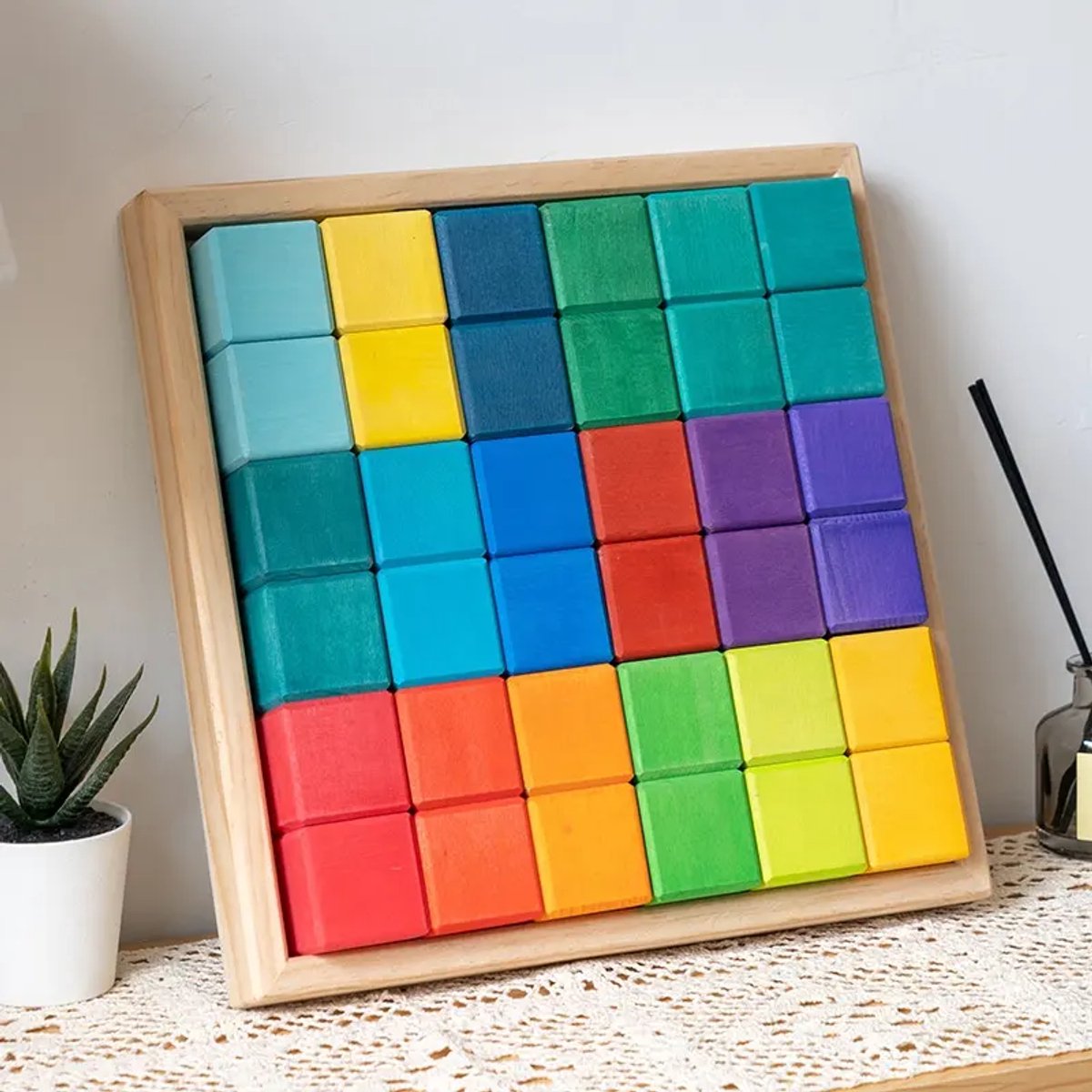 Houten blokken in tray - Regenboogkleuren - 36 Stuks - Open einde speelgoed - Educatief montessori speelgoed
