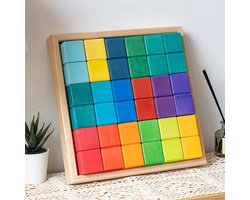 Houten blokken in tray regenboogkleuren 36 stuks