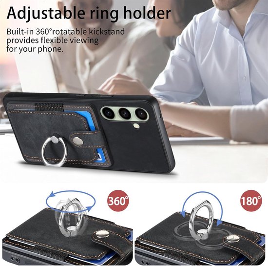 Zwarte telefoonhoes met verstelbare ringhouder, 360° en 180° verstelbaar.