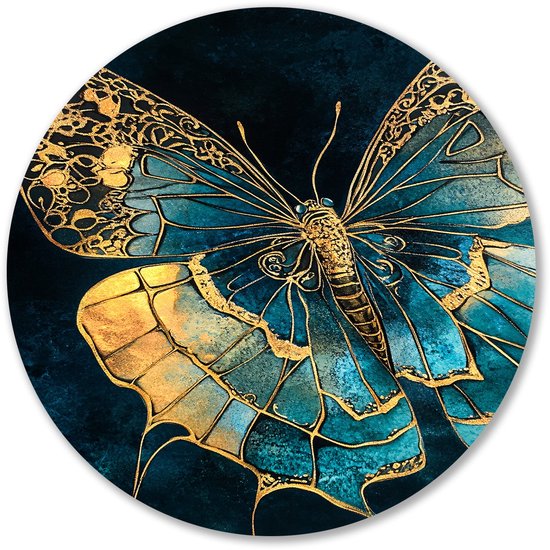 Gouden vlinder met blauwe accenten - Vlinder muurcirkels - Wandschalen dier - Art Nouveau - Ronde Forex prints - Kantoor decoratie accessoires - Muurcirkel forex 50x50 cm
