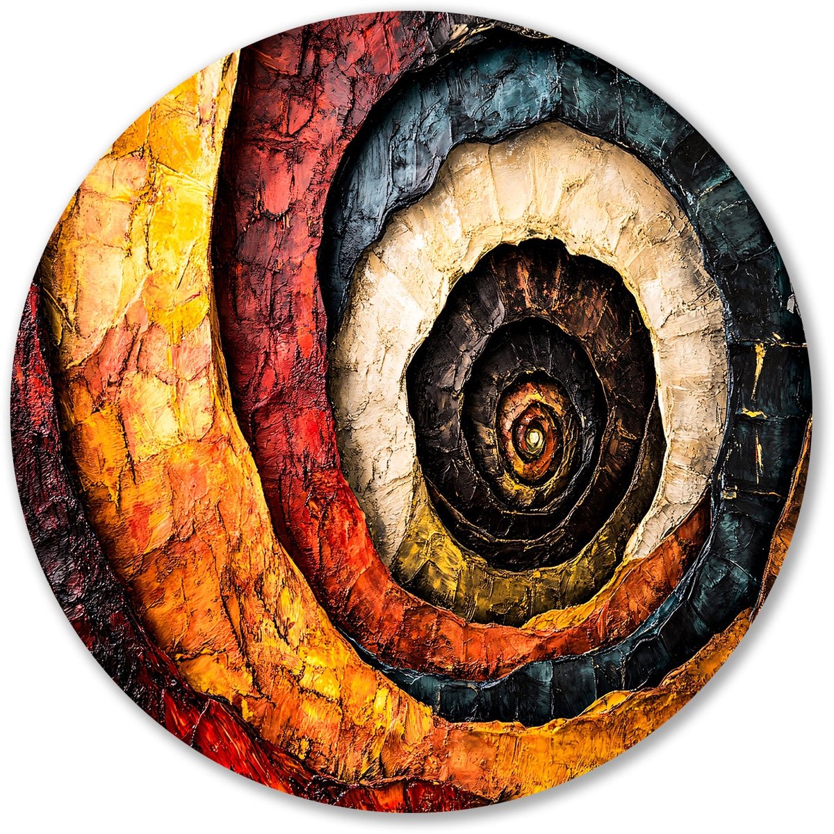 Abstracte spiraal in warme kleuren - Spiraal muurcirkel - Rond wandpaneel vorm - Abstract