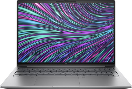Zilveren laptop met een abstracte achtergrond van paarse, blauwe en groene golven op het scherm.