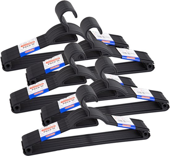 Cintres Plasticforte - 50 pièces - Noir - Plastique - 40 cm - Rangement de penderie - Crochet fixe