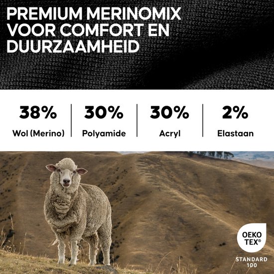Details van "PREMIUM MERINOMIX" sokken met samenstelling: 38% Wol (Merino), 30% Polyamide, 30% Acryl, 2% Elastan.