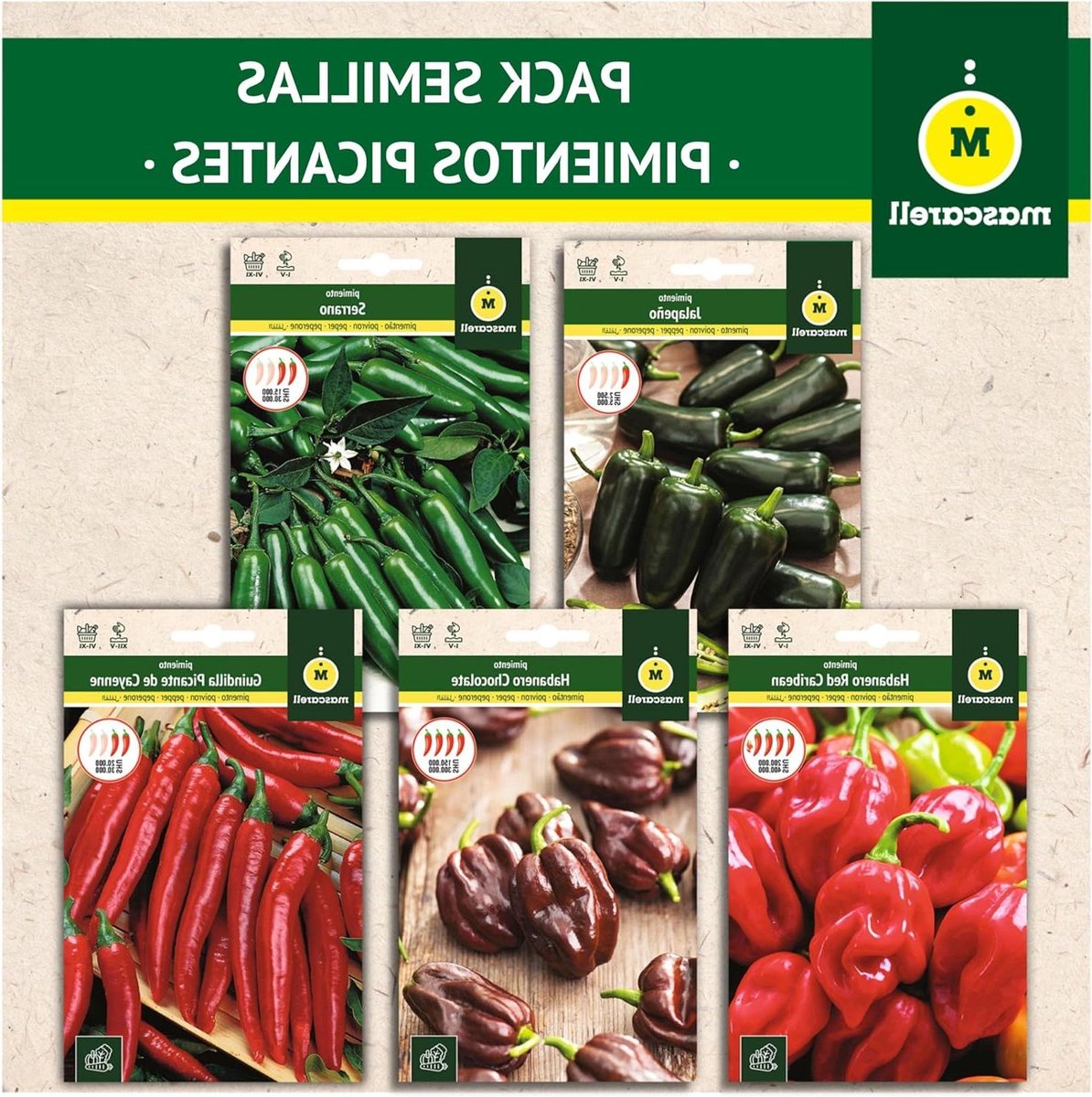 Zaden Mascarell PAKKET PITTIGE PEPERS Gemakkelijk Thuis Te Kweken Bevat Jalapeño, Cayenne, Serrano, Chocolade Habanero & Rode Caribische 35 Gram