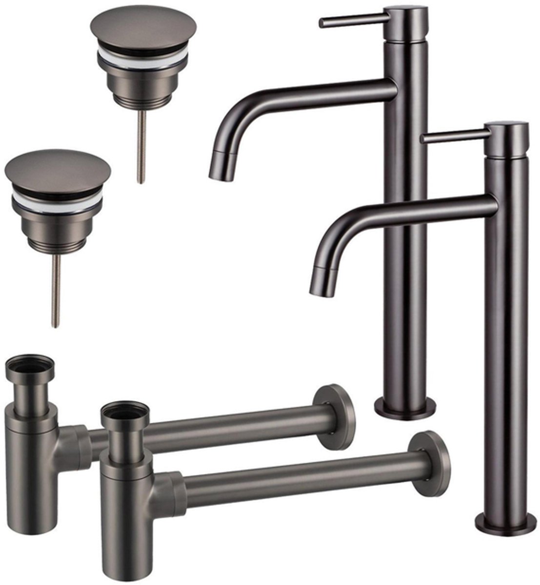 FugaFlow Eccelente Sobrado Badkamer Slim Wastafelkraanset - voor dubbele wastafel - verhoogde wastafelkraan - always open plug - design sifon - PVD Gepolijst Gunmetal