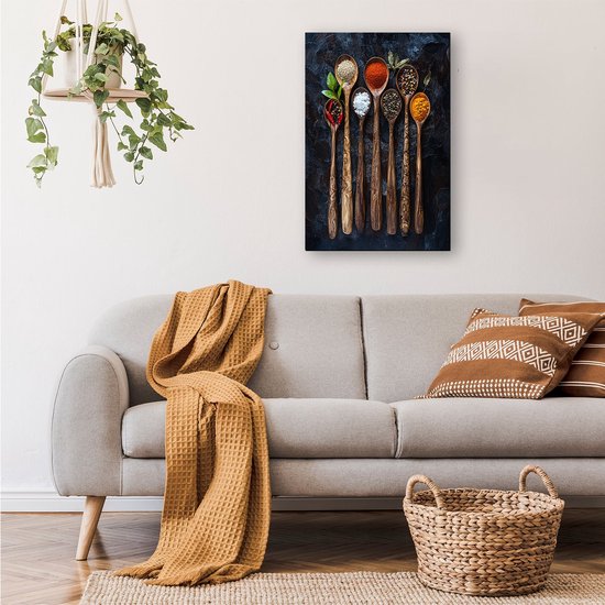 Cuillères en bois aux herbes - Tableaux sur verre aux épices - Cuillères d'art - Nature morte - Tableau plexiglas - Décoration salon industriel - verre acrylique 70x105 cm