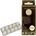 Verpakking en strip met 10 Krups reinigingstabletten voor espressomachines.