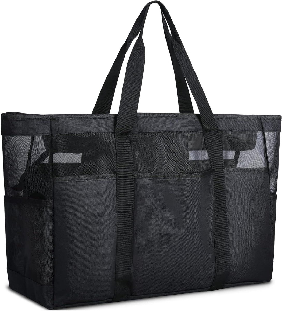 Strandtas XXL familie met ritssluiting - Grote mesh strandtas voor dames, opvouwbaar - Ideaal voor strand, reizen, speelgoedopslag & fitnessstudio - Zwart
