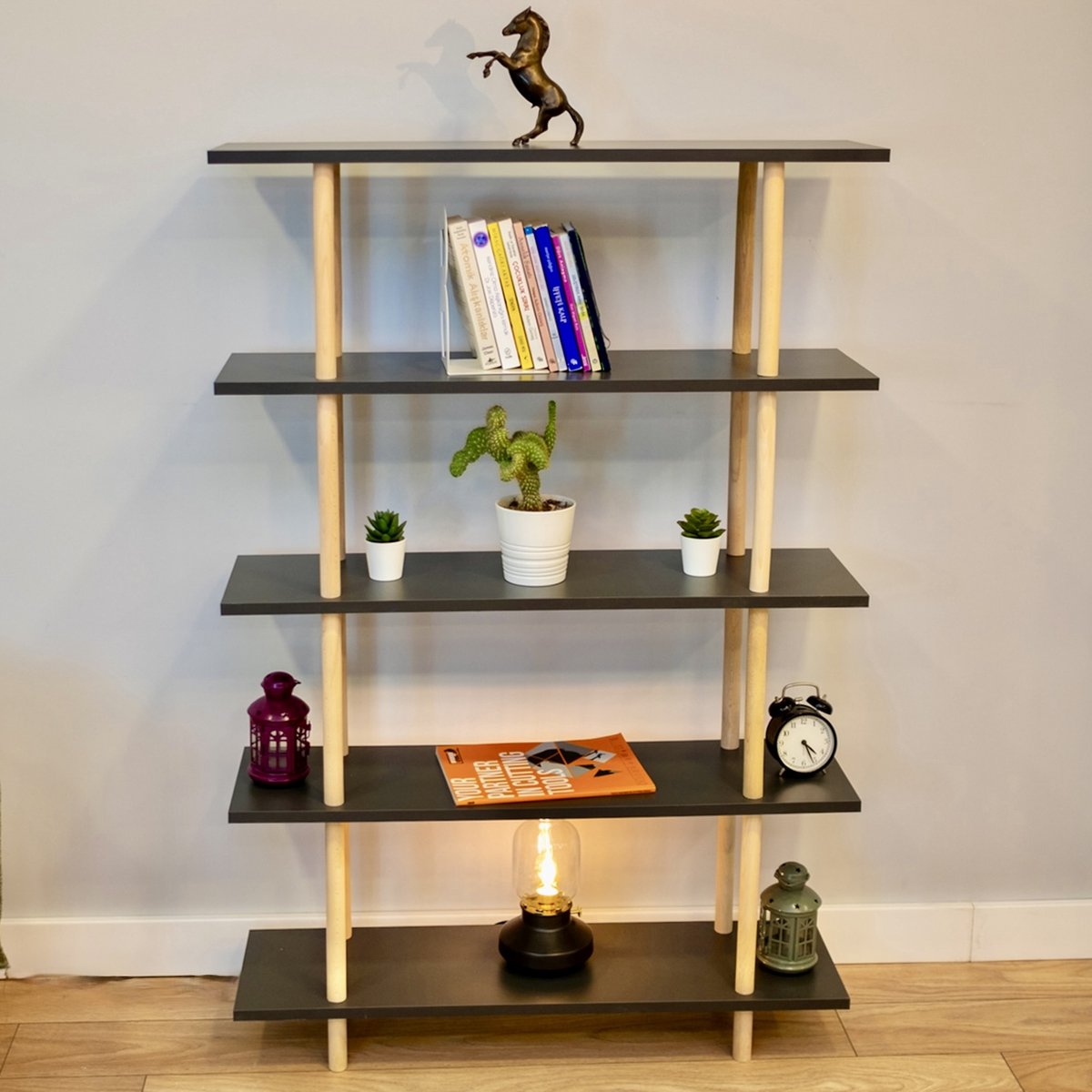 City of Wood Moderne houten boekenkast met vijf planken – Perfect voor opslag in de woonkamer of op kantoor - Grijs