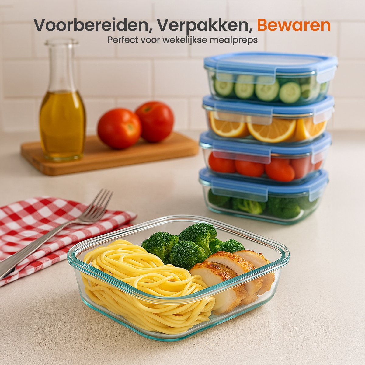 Goliving Glazen Meal Prep Bakjes - Set van 5 Vershoudbakjes - 1L - Diepvriesbakjes - Bewaarbakjes met Deksel - Diepvries, Oven en Magnetron - Glas — afbeelding 6