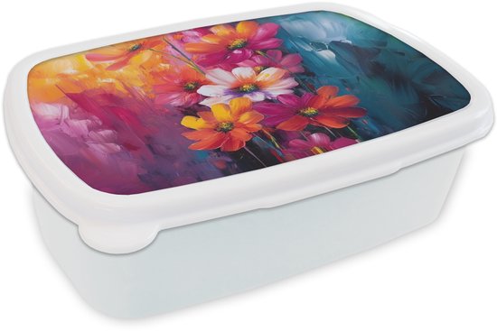 Broodtrommel Wit - Lunchbox Felle bloemen - Dynamisch - Levendig - Brooddoos 18x12x6 cm - Brood lunch box - Broodtrommels voor kinderen en volwassenen