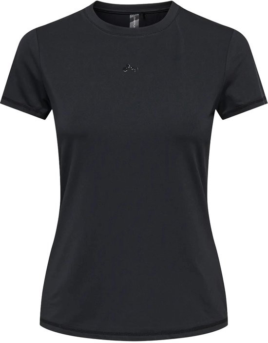 Zwart dames t-shirt met kleine logo-applicatie op de borst. Korte mouwen en ronde hals.