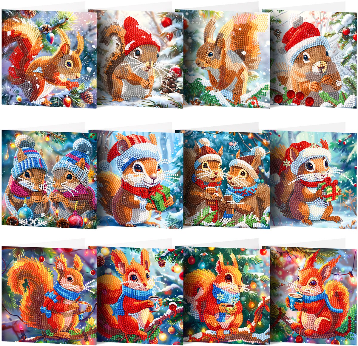 Adorzy Diamond Painting Kerstkaarten Met Eekhoorns – 12 stuks - 15x15 cm - Diamond Painting pakket volledig – Diamond Painting Volwassenen