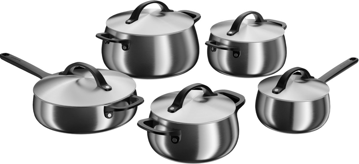 BergHOFF Home Pannenset RVS – 10-delig Kookpannenset met Deksels - PFAS-Vrij – Steelpan Ø16cm – Kookpot Ø18/20/24cm – Hapjespan Ø24cm – Geschikt voor Inductie, Gas, Elektrisch en Keramisch – Oven- en Vaatwasserbestendige Kookpannen - Smokey Black