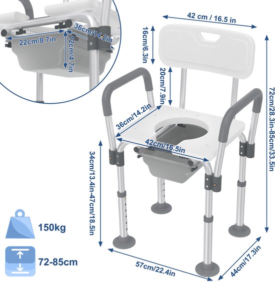 3-in-1 Toiletstoel Verstelbaar – Met Arm- en Rugleuning – 150 kg – Antislip – Comfortabel & Veilig