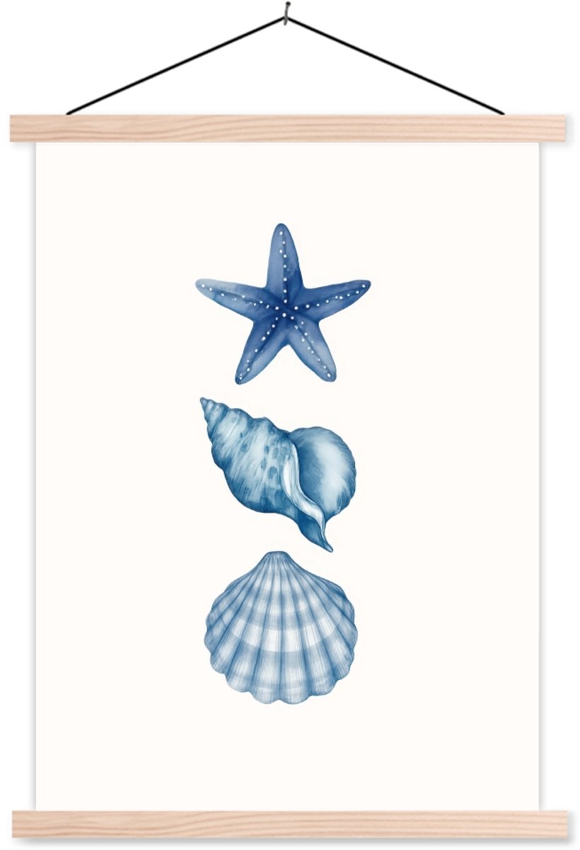 Posterhanger incl. Poster 60x80 cm - Schoolplaat - Zeester - Schelpen - Blauw - Textielposter - Blanke latten