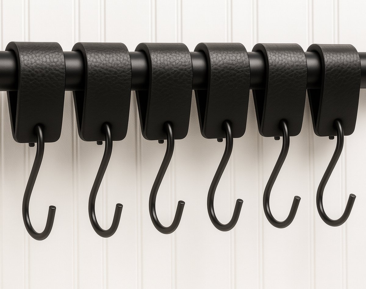 Zwarte S-haak, 10 S-haken met leren gesp, haken voor kleerhangers, om op te hangen in een kast, voor badkamer, slaapkamer, woonkamer