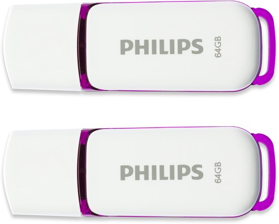 Twee witte Philips 64GB USB-sticks met paarse accenten.