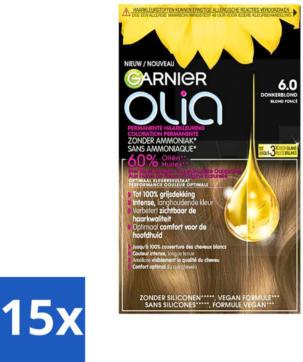 Garnier - Olia 6 - Haarkleuring - Donkerblond - Zonder Ammoniak - Intense Langhoudende Kleur - 100% Grijsdekking - Bulkverpakking - 15 stuks