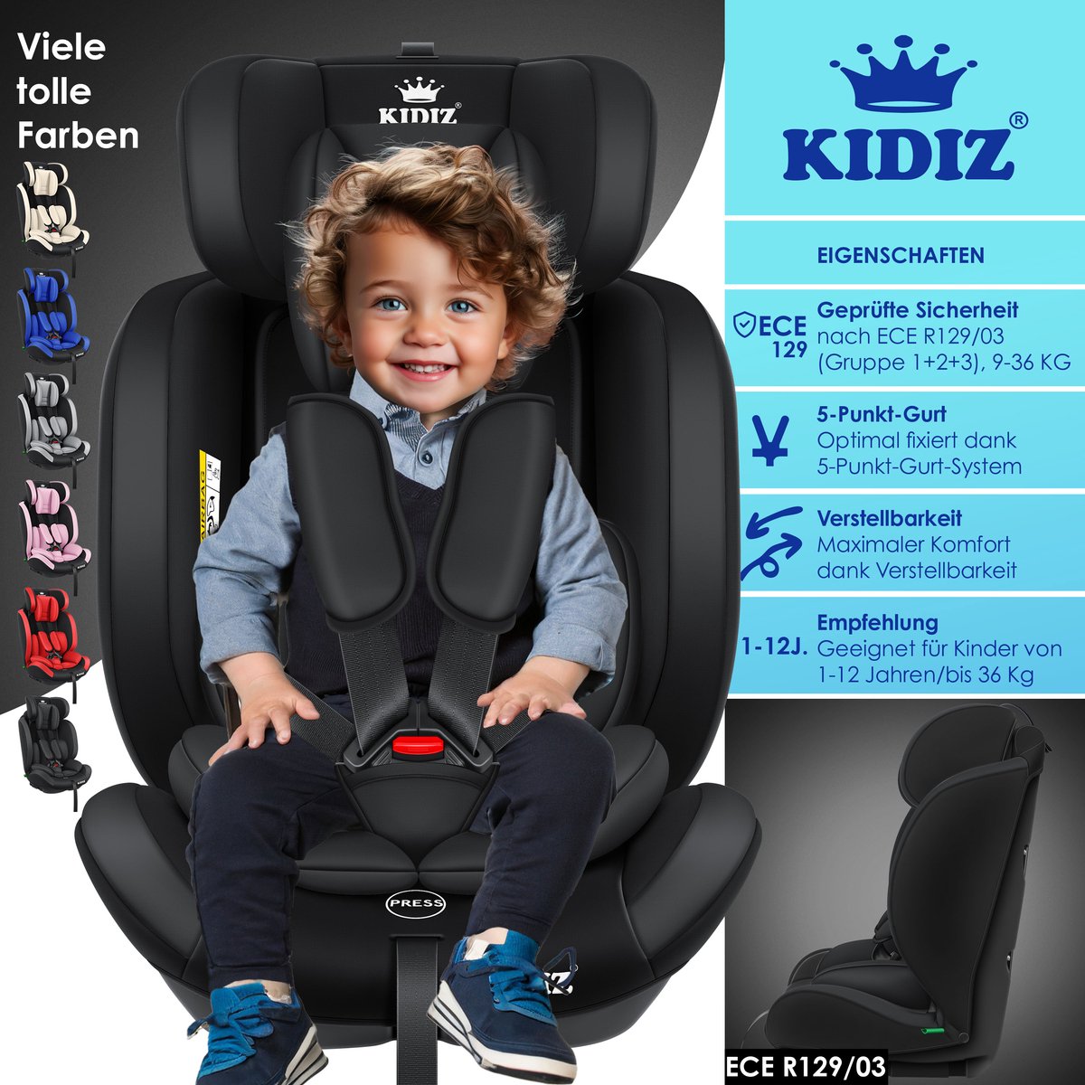 KIDIZ® Autostoeltje | Groep 1+2+3 | 9-36 kg 5-punts veiligheidsgordel, Autostoeltje, Kinderzitje, Verstelbare Hoofdsteun | Stoelverhoger 1-12 jaar, Stabiel en Veilig - Zwart – foto 7