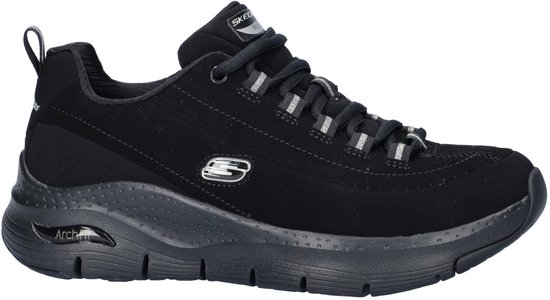 Zijzicht van een zwarte Skechers Arch Fit sneaker met zilverkleurige veters.