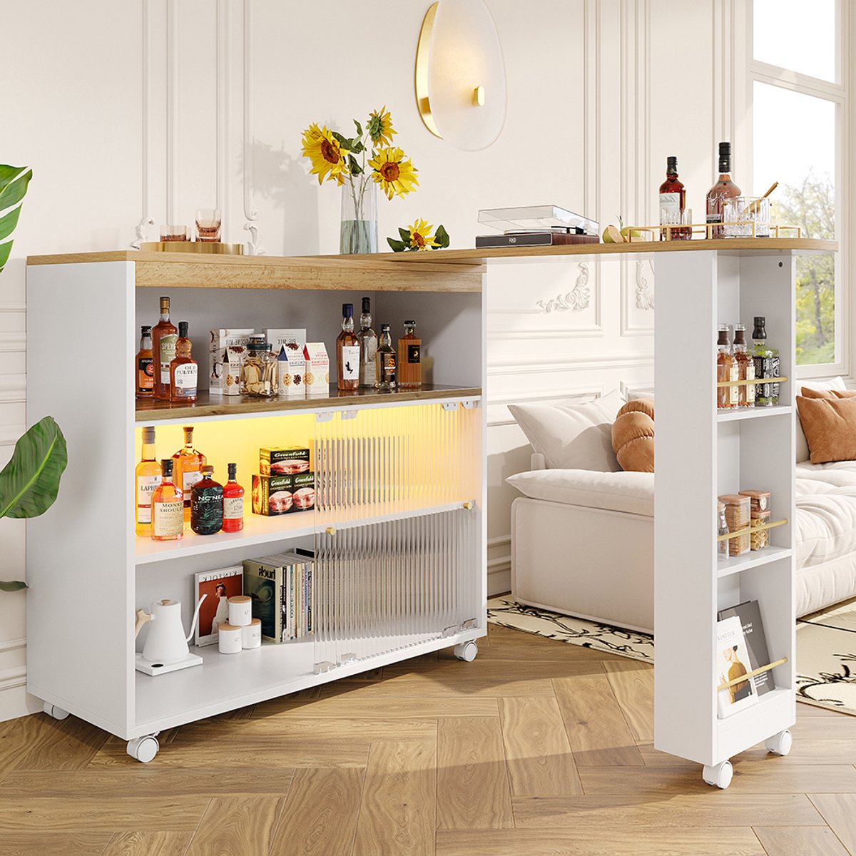 Pugsdrly Uitschuifbare bartafel met opbergruimte, moderne verplaatsbare bartafel, telescopische bartafel met led, statafel, bistrotafel, hoge tafel, keukeneiland, bistrotafel, grote opbergruimte, wit (138-204×39×105 cm)