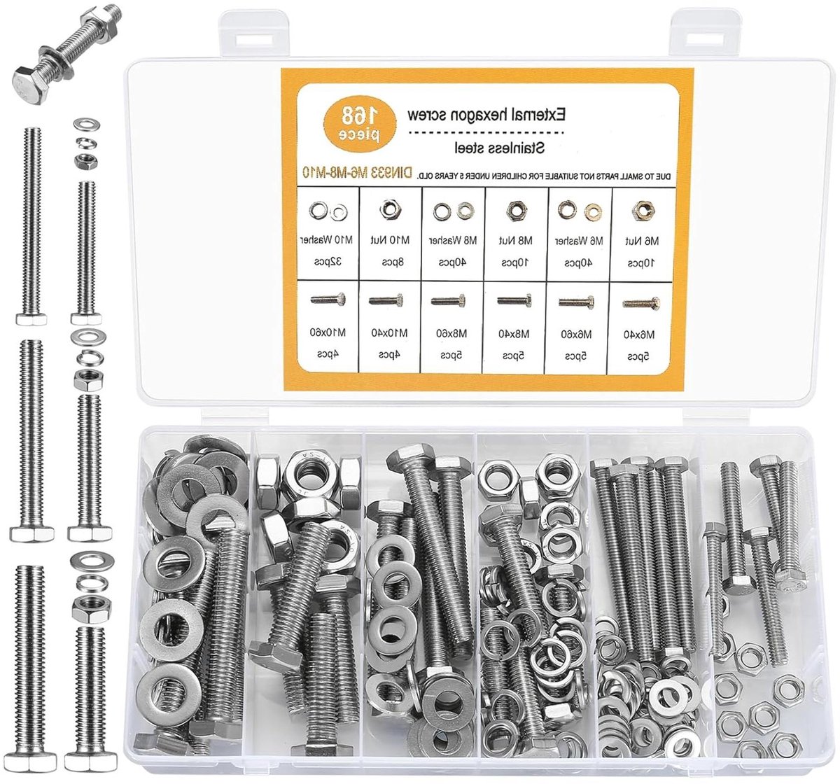 JGS Premium - Zeskantbouten Moeren en Ringen Set 168 stuks M6/M8/M10 RVS Machineschroeven
