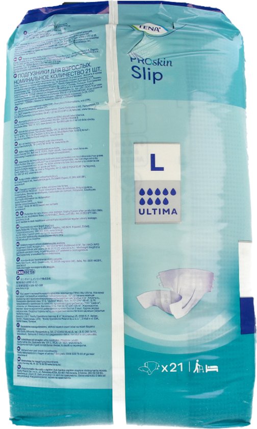 Zijkant van de verpakking van TENA ProSkin Slip L. Toont productkenmerken en aantal stuks.