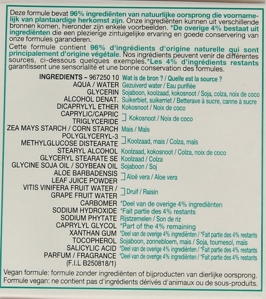 Ingrediëntenlijst van Garnier Botanische Dagcrème, met o.a. Aloë Vera, en vermelding van vegan formule.