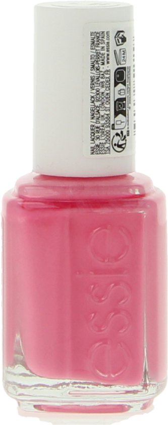 Essie nagellakflesje met felroze nagellak en wit dopje. Tekst op het flesje: 'nail lacquer nagellack smalto vernis à ongles'.