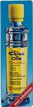 Flesje China Olie met gele dop en gele wikkel, "met inhalator" op rode band. Netto inhoud 25 ml.