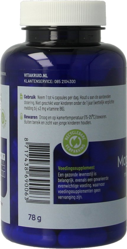 Achterkant van een blauwe pot met label met gebruiksaanwijzing, waarschuwing en recyclebare verpakking symbool.
