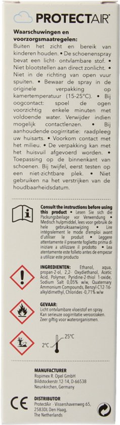 Waarschuwingen en voorzorgsmaatregelen ProtectAir schoenenspray. Ingrediënten: Ethanol, aqua, propyleen.