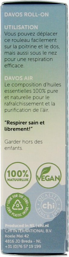 Achterkant van de Chi Davos Air roller verpakking met gebruiksinfo en logo's.