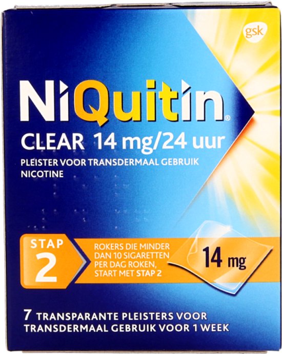 NiQuitin Clear Pleister Stap 2 - 14 mg/24 uur - Nicotinepleister - Stoppen met roken - 7 stuks