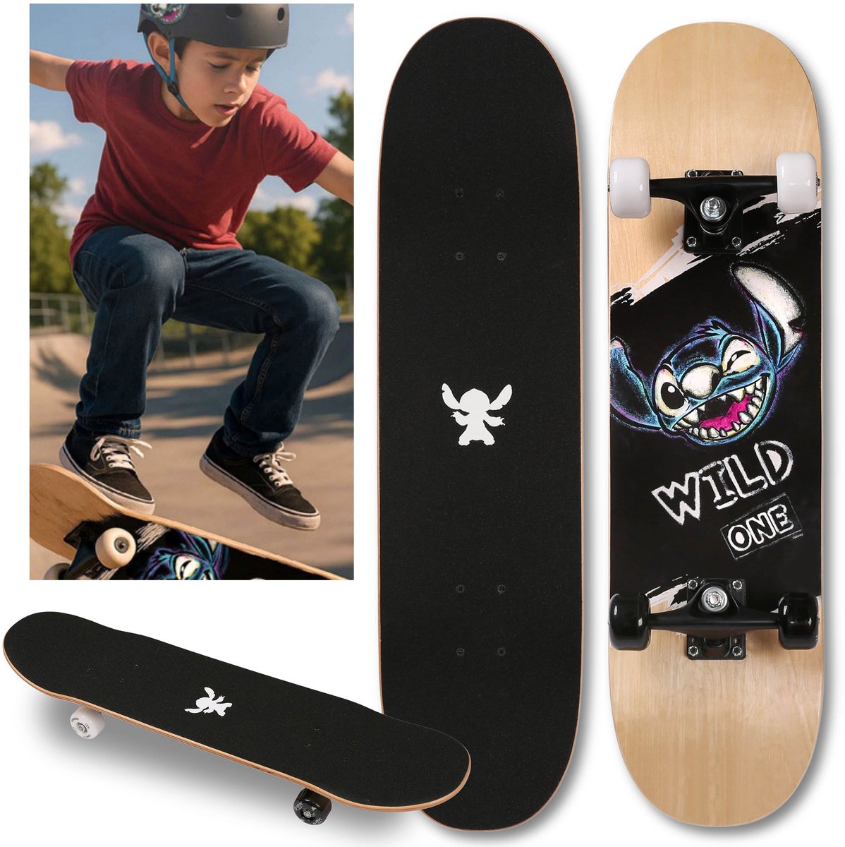 DISNEY Stitch Houten skateboard voor kinderen 79 cm antislip GROOT lichtgewicht en stabiel tot 100 kg. Zwart