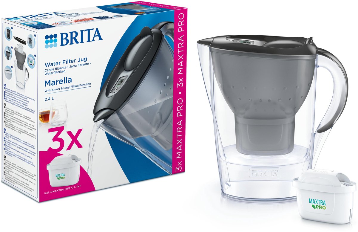 Bol.com BRITA - Waterfilterkan - Marella Cool - 2,4L - Grijs - incl. 3 MAXTRA PRO ALL-IN-1 waterfilterpatronen - Voordeelverpakking aanbieding