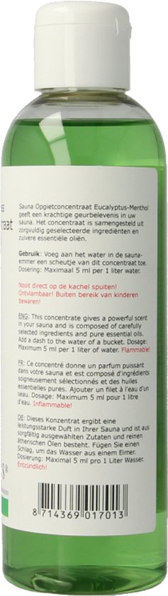 Achterkant fles met groen saunaconcentraat, met waarschuwingssymbolen en ingrediëntenlijst.