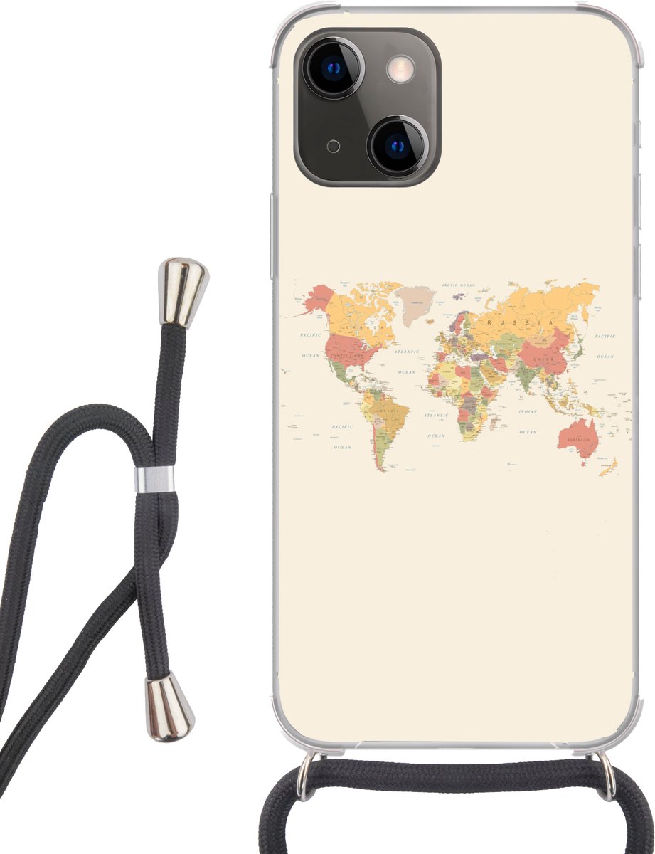 Telefoonhoesje Geschikt voor iPhone 13 Mini - Wereldkaart - Realistisch - Beige - Siliconen - Crossbody - Backcover met Koord - Telefoonhoesje met koord - Hoesje met touw Telefoonhoesje