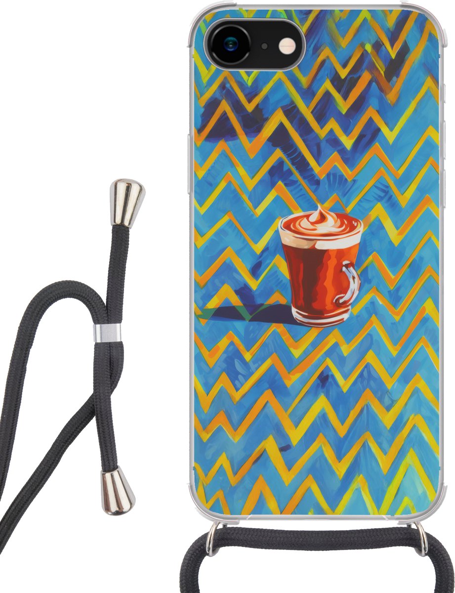 Telefoonhoesje Geschikt voor iPhone 8 - Mok - Koffie - Zigzag - Slagroom - Siliconen - Crossbody - Backcover met Koord - Telefoonhoesje met koord - Hoesje met touw Telefoonhoesje